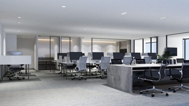 Working area in modern office with carpet floor and meeting room. interior 3d rendering