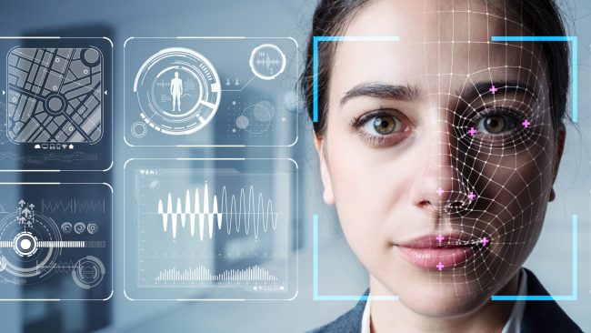 Authentication by facial recognition concept. Biometric. Security system.